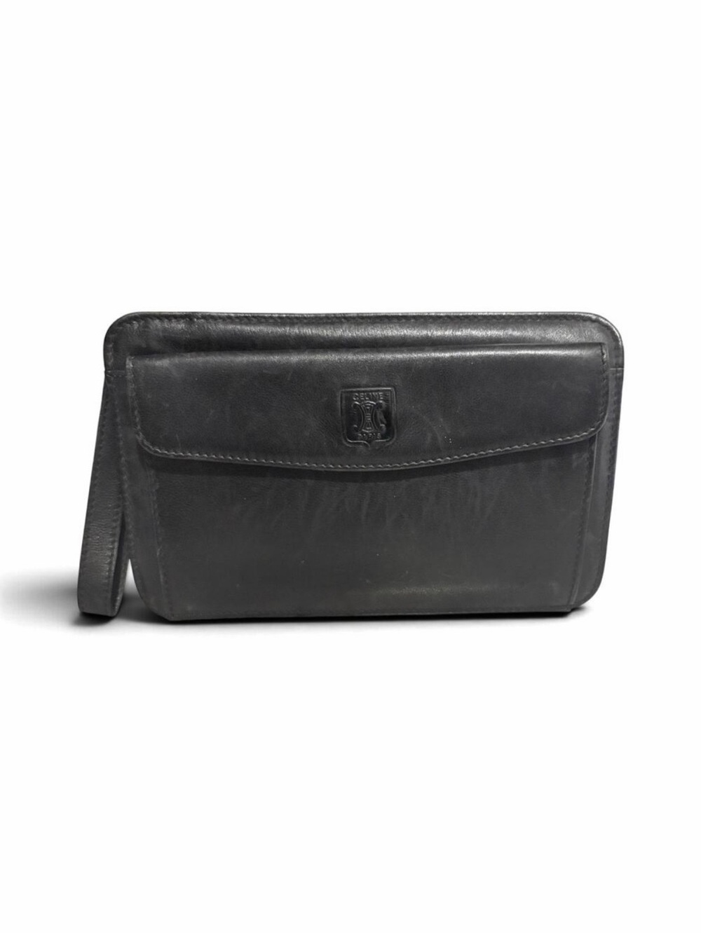 Vintage Celine Paris Black Leather Wrist Clutch with Gold Hardware & Strap